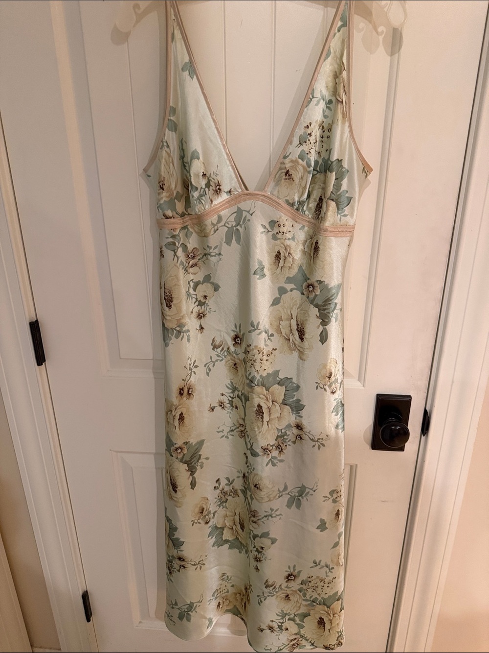 Vintage Jones New York Cream Satin Floral Slip Nightgown with Sage Accents